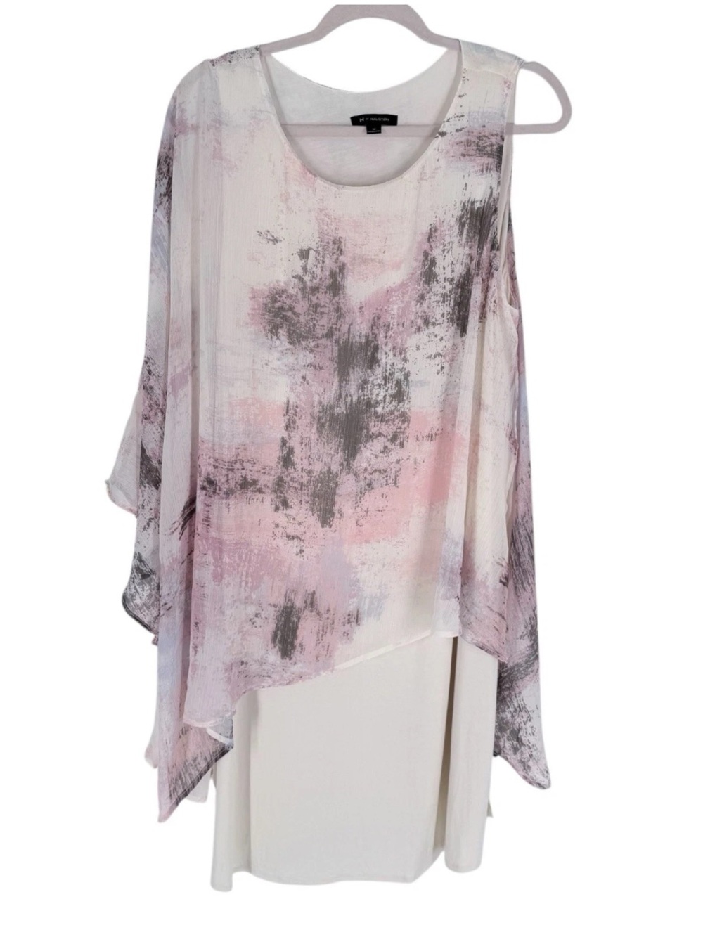 H by Halston Layered Tunic Womens Size 1X Ivory Pink Asymmetrical Flowy